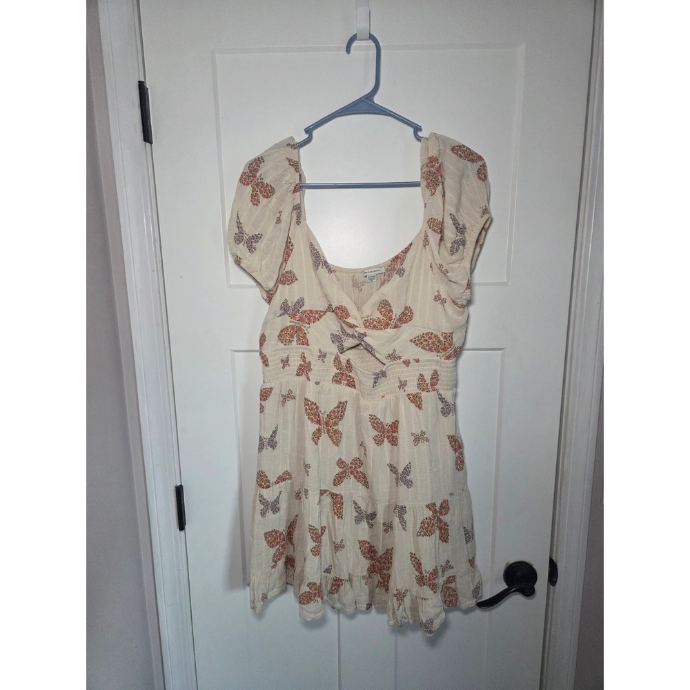 American Eagle Butterfly Print Smocked Tiered Mini Dress Cream XL Short Sleeve